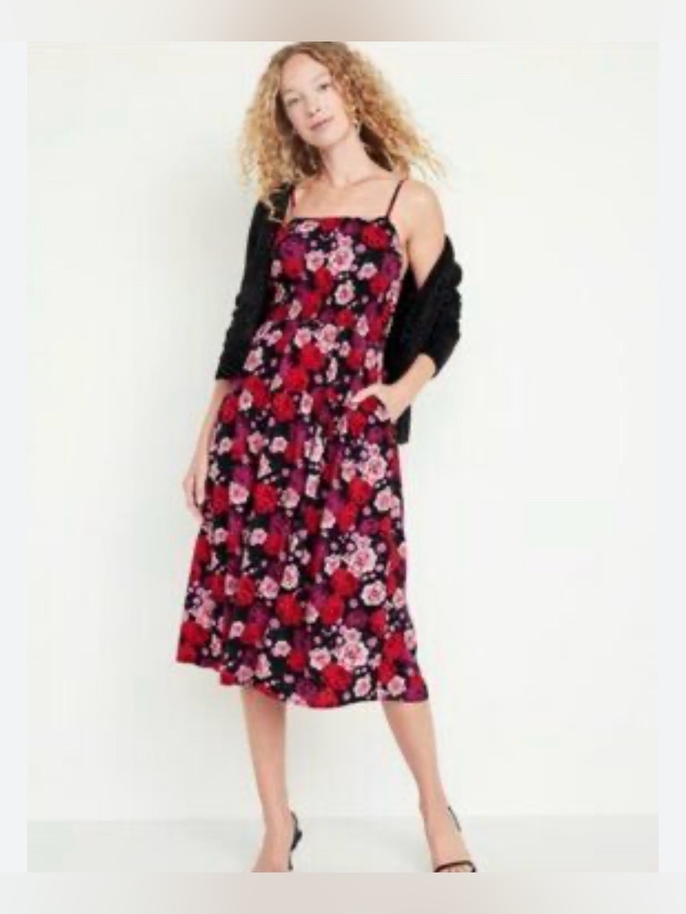 Old Navy Black Midi Dress with Red and Pink Floral Print, Smocked Bodice, SZ. M